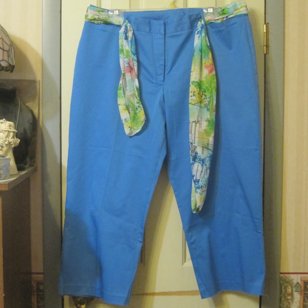 George Ladies Capri Pants Blue with Scarf Type Belt Size 16